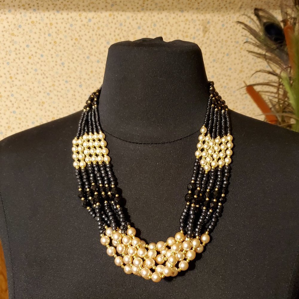 Pair of Elegant Black, Gold, and White Pearl - Multistrand Necklace & Bracelet